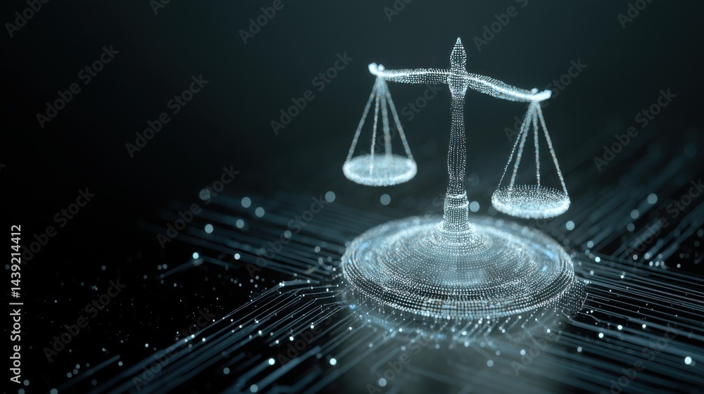 Poster digital representation of balance scales on a glowing circuit board background depicting justice and