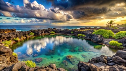 Fototapeta premium An awe-inspiring view of a large natural pool filled with sea water, formed by volcanic lava, with a dramatic sky and lush greenery in the background, geology, Porto Moniz