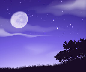 Night blue sky. Full moon. Stars and clouds. Black silhouette forest. Twilight sparks. Midnight starlit. Meadow grass. Moonlight glow. Nighttime scenery. Vector evening dusk landscape