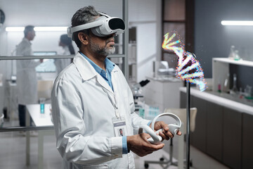 Middle-aged scientist interacting with virtual reality goggles in modern lab setting showing...