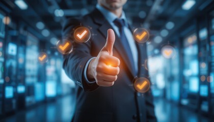 Confident Entrepreneur Giving Thumbs Up with Glowing Check Icons. Business Trust, Success and Quality Concept
