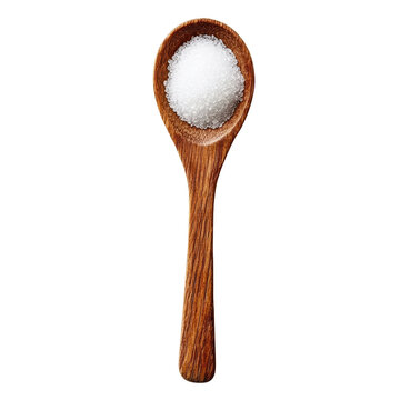 A wooden spoon filled with granulated sugar rests on a clean transparent background ready for culinary use, sugar in wood spoon on transparent background