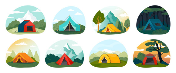 Camping set. Tent in forest and near lake. Outdoor weekend, expedition trip, campground with fire, tourist recreation and relaxation vector cartoon flat style isolated illustration