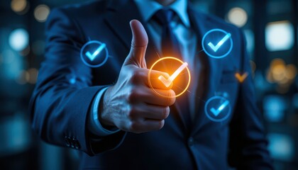 Confident Entrepreneur Giving Thumbs Up with Glowing Check Icons. Business Trust, Success and Quality Concept