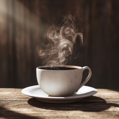 Warm cup of coffee on wooden table with steam rising in soft morning light
