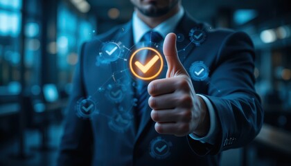 Confident Entrepreneur Giving Thumbs Up with Glowing Check Icons. Business Trust, Success and Quality Concept