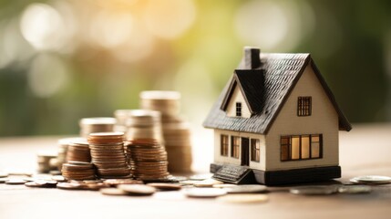Model house next to stacks of coins representing real estate investment and wealth management