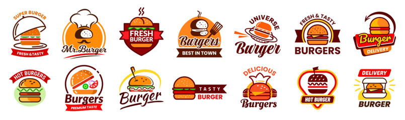 Burger logo. Hamburger logotype set. Fast food emblem. Cheeseburger label or sticker. Menu graphics design. Grilled meat icon. Vector cartoon flat style isolated illustration set