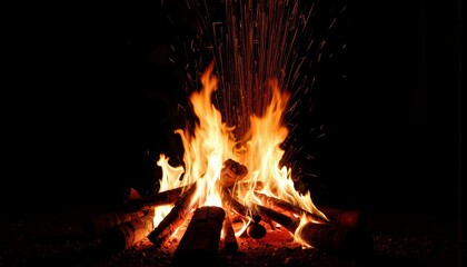 Cozy campfire flames dancing in the dark night  