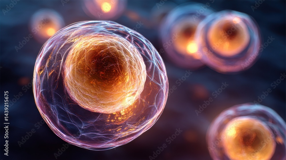 Poster microscopic view of glowing cells showcasing vibrant colors and intricate structures in a dark backg