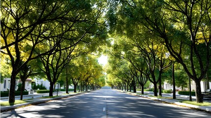 Naklejka premium Sunlight-drenched avenue lined with vibrant trees.