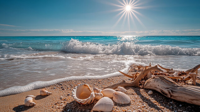 Shimmering ocean waves rolling gently onto the beach, seashells and driftwood scattered on the shore, bright midday sun illuminating the scene, refreshing coastal summer energy, - Powered by Adobe