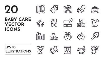 Baby care icons. Line symbols of pregnancy and maternity. Newborn boy and girl faces. Toddler clothing. Diaper and bodysuit. Kids carriage. Family love logo. Vector infancy pictograms set