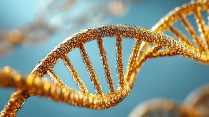 A golden DNA double helix structure is shown in close-up against a blue background, highlighting its intricate detail.
