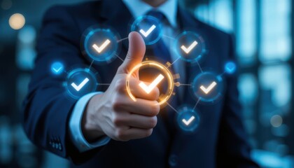 Businessman Giving Thumbs Up with Digital Checkmark Icons. Symbol of Trust, Approval, and Corporate Success in a Modern Digital World