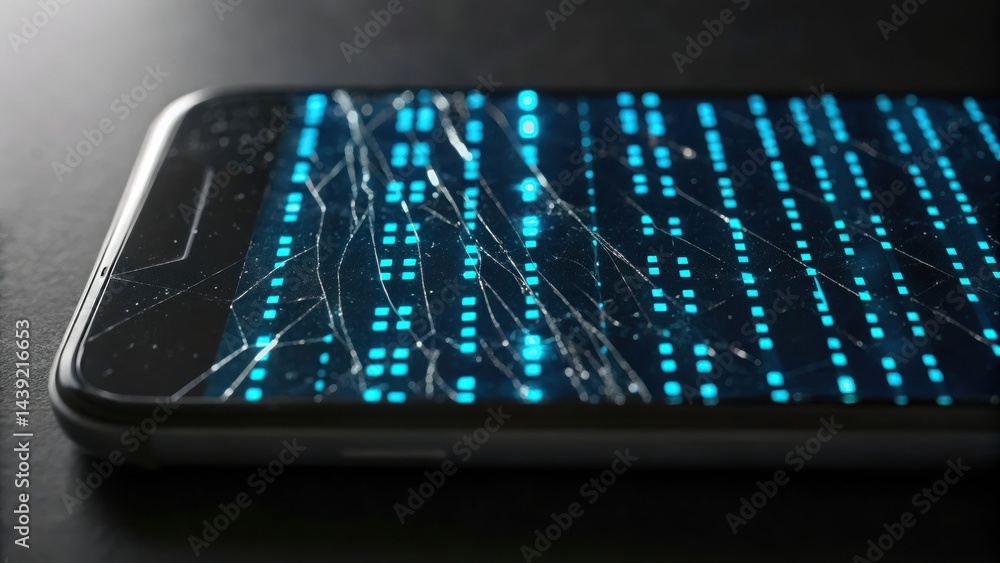 Poster a close-up view of a smartphone screen displaying digital data patterns in blue and white colors, su