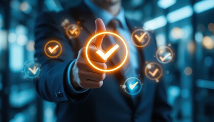 Businessman Giving Thumbs Up with Digital Checkmark Icons. Symbol of Trust, Approval, and Corporate Success in a Modern Digital World