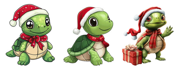 Obraz premium Adorable turtle cartoon in Santa hat for holiday decor.