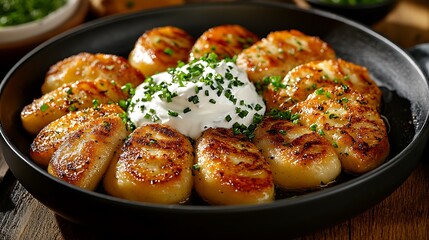  Pierogi Dumplings With Potato And Cheese Filling, Pan-Fried Golden And Served With Sour Cream And Chives, Styled For Homestyle Menu Promo