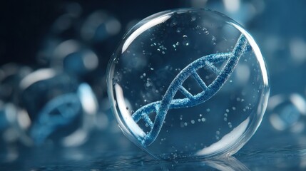 Detailed representation of DNA structure in a 3D bubble under soft blue lighting