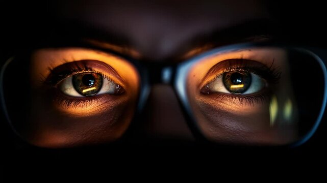 Intense close-up of eyes reflecting light through glasses in darkness