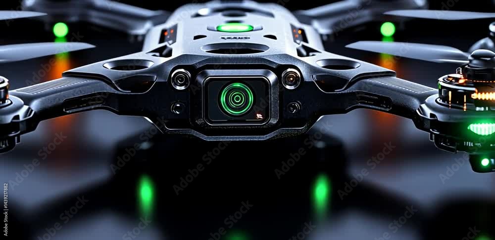 Poster Close-up view of a high-tech drone with illuminated features on a dark background