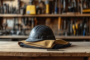 Dark safety helmet rests on workbench among tools.
