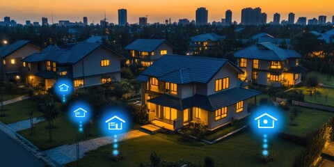 Fototapeta premium Smart Homes Illuminate Suburban Neighborhood At Dusk