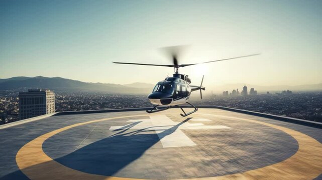 Helicopter taking off from rooftop helipad above city skyline in golden sunlight