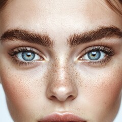 Obraz premium Close-Up Portrait of Young Woman with Clear Blue Eyes and Natural Freckles, Highlighting Facial Features and Skin Texture