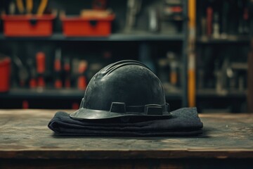 Dark safety helmet resting on a workbench.