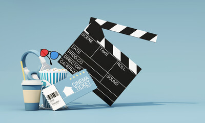 Vibrant cinematic setup featuring a clapperboard, popcorn, coffee, cinema ticket, headphones, and 3D glasses, highlighting the excitement of movie nights. 3d rendering.