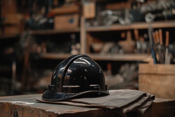 Dark safety helmet resting on a workbench in a workshop.