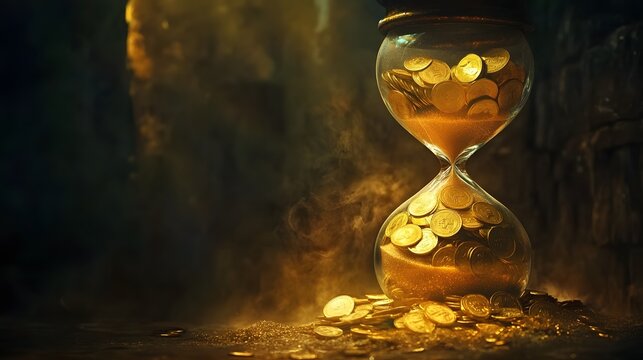 Golden coins cascade through a transparent hourglass, symbolizing fleeting financial resources.