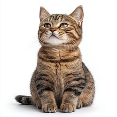 Realistic photograph of a full body British shorthair cat, sitting upright, isolated on white background, focused lighting
