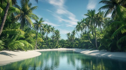 Tropical lagoon surrounded by lush green palm trees, still reflective water, soft white sandbanks curving around the edges, bright sunny sky with a few wispy clouds, peaceful paradise scene,