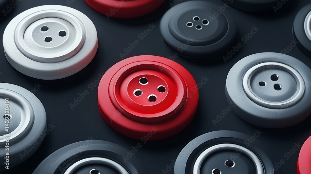 Aufkleber abstract array of button shapes in red, white, grey and dark shades on black