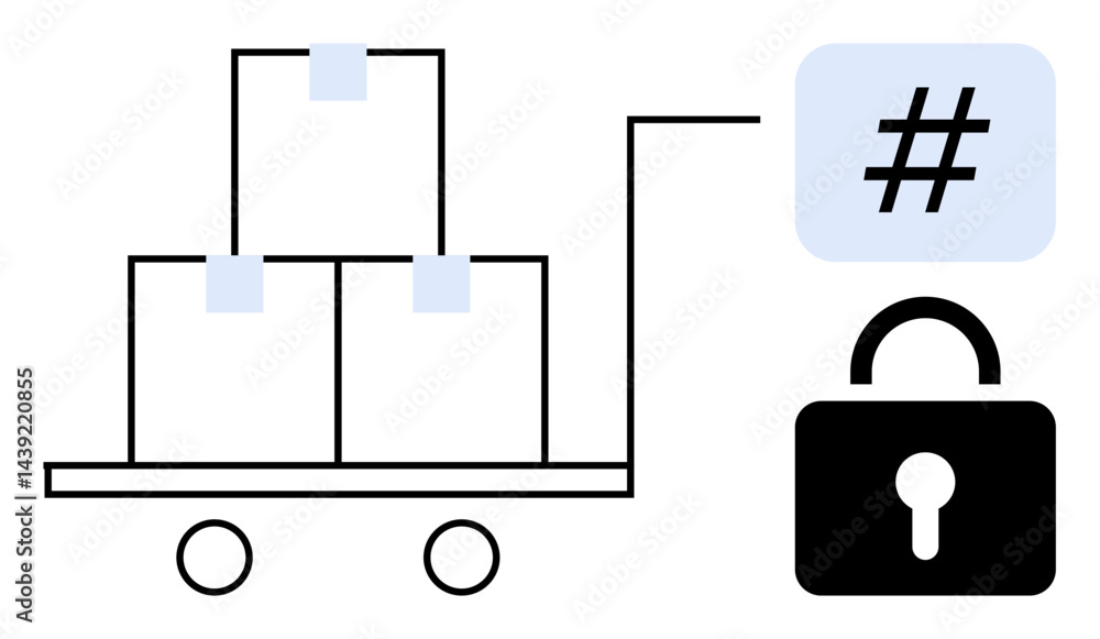 Aufkleber packages on a cart connected to a lock and a metadata tag symbol represent security, technology, and