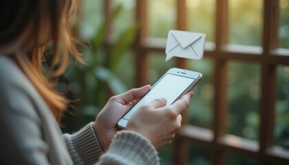 Young Woman Receiving Digital Message on Phone with Email Symbol Above Screen, Seamless Mobile Communication in Eco-Friendly Interior Atmosphere
