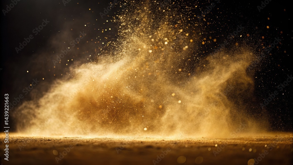 Poster golden dust particles swirl in the air, illuminated against a dark background, creating a dynamic, e