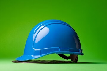 Bright blue safety helmet on a green background.