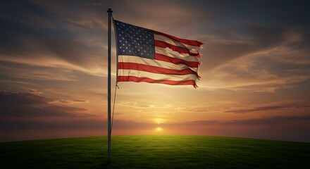 American Flag Waving at Sunset Over Green Field with Dramatic Sky