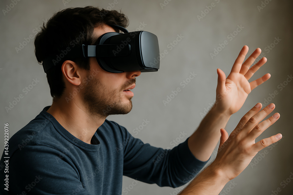 Poster a man experiences virtual reality using a vr headset, immersed in an interactive digital world, expl