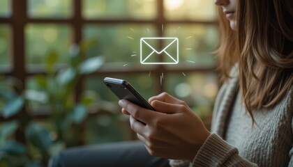 Young Woman Receiving Digital Message on Phone with Email Symbol Above Screen, Seamless Mobile Communication in Eco-Friendly Interior Atmosphere