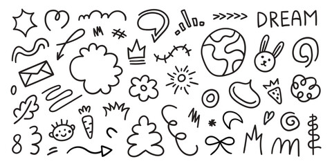 Set of cute kids elements. Hand drawn collection of  scribble doodle icon. Vector line illustration	

