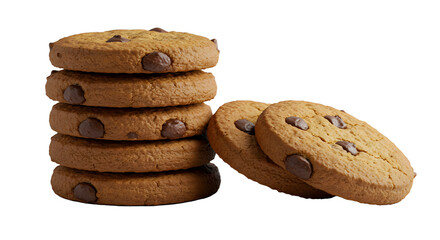 A stack of six cookies with chocolate chips and two cookies leaning against the stack on a surface on transparent background