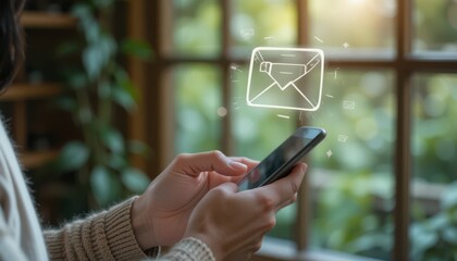 Young Woman Receiving Digital Message on Phone with Email Symbol Above Screen, Seamless Mobile Communication in Eco-Friendly Interior Atmosphere