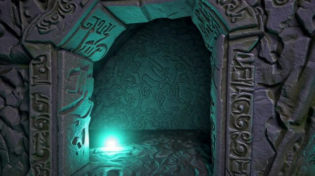 Ancient stone portal with illuminated symbols in dark cave