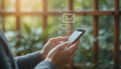 Close-Up of Female Hands Using Mobile Phone with Email Icon Floating, Depicting Online Messaging and Real-Time Notification in Cozy Natural Environment