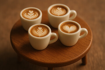 A cozy display of four miniature latte cups with intricate foam art, showcasing heart and leaf designs on a wooden table, perfect for coffee lovers and artistic beverage enthusiast
